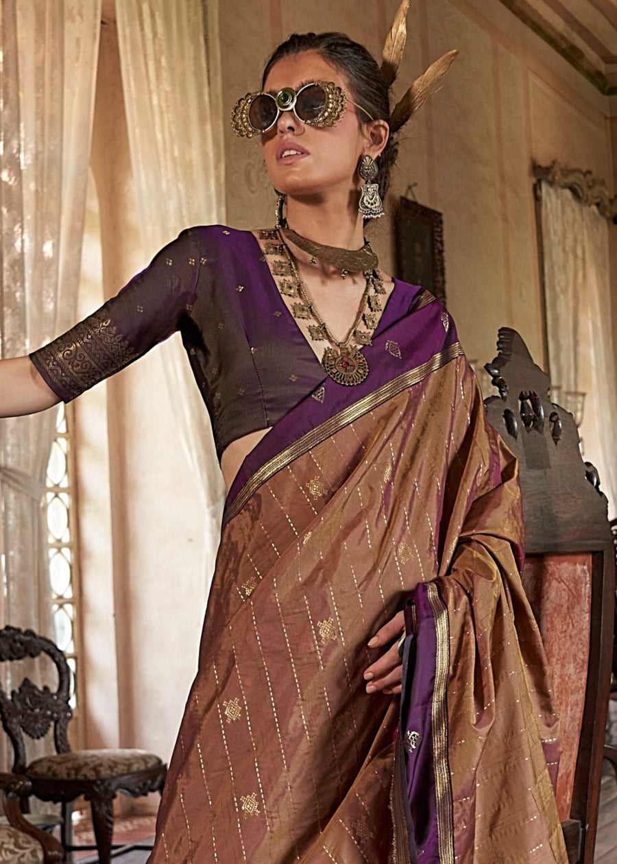 Pure Banarasi Tussar Silk Mud Brown & Violet Purple Handloom Saree