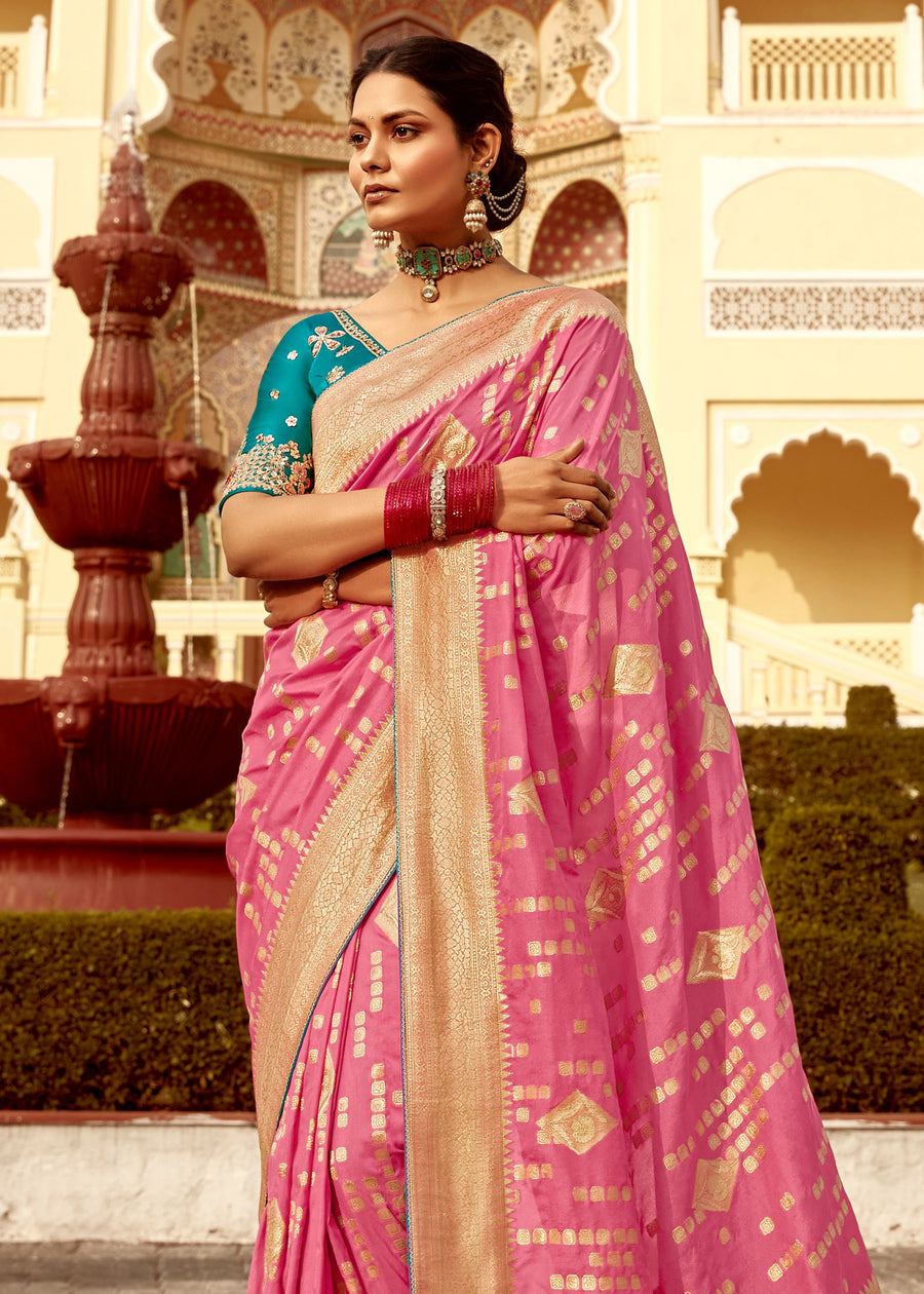 Dola Banarasi Silk Pink Saree With Contrast Blue Embroidered Blouse