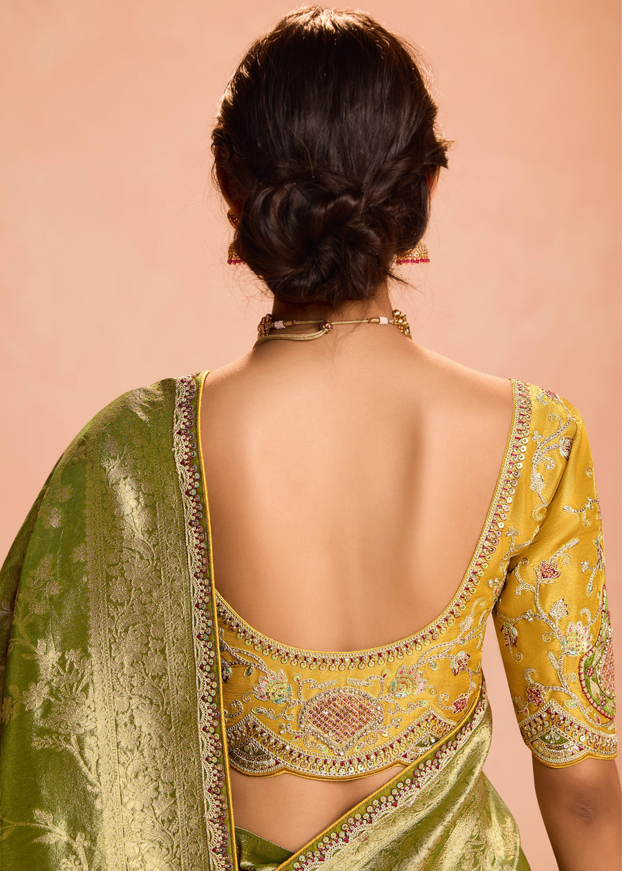 Pure Banarasi Tissue Silk Embroidered Green Handloom Saree & Contrast Yellow Blouse