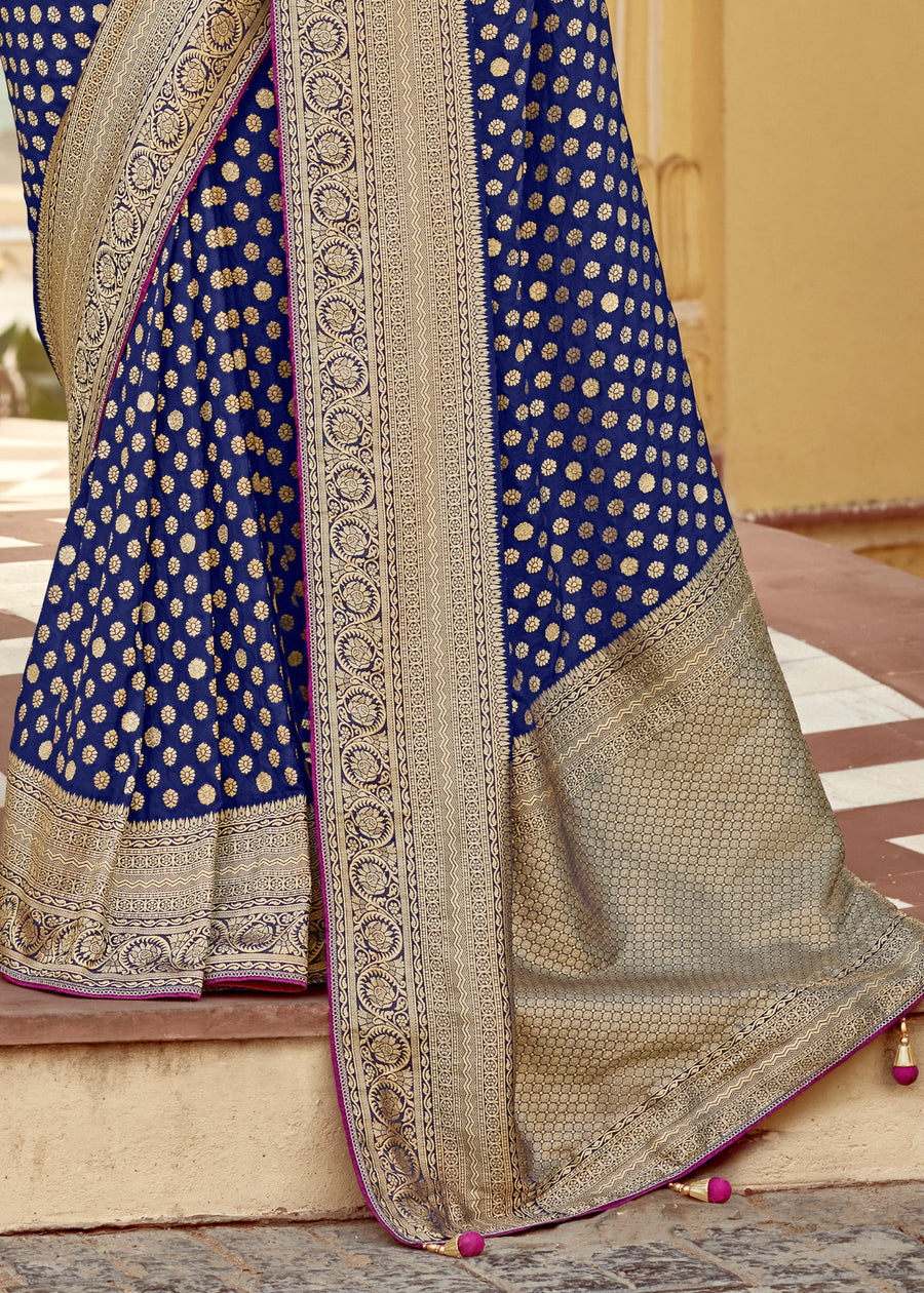 Dola Banarasi Silk Royal Blue Bridal Saree With Contrast Pink Embroidered Blouse