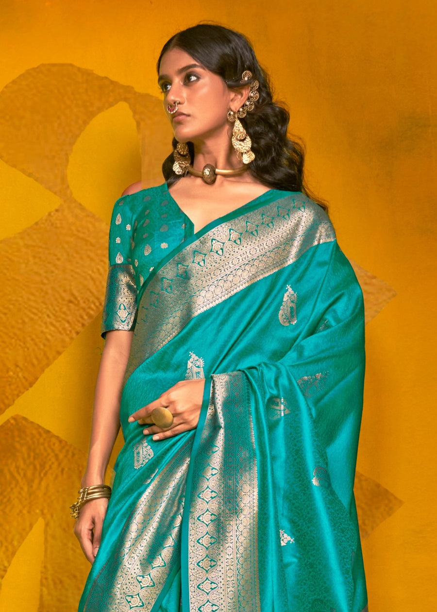 Cyan Blue Banarasi Silk Handloom Weaving Zari Saree