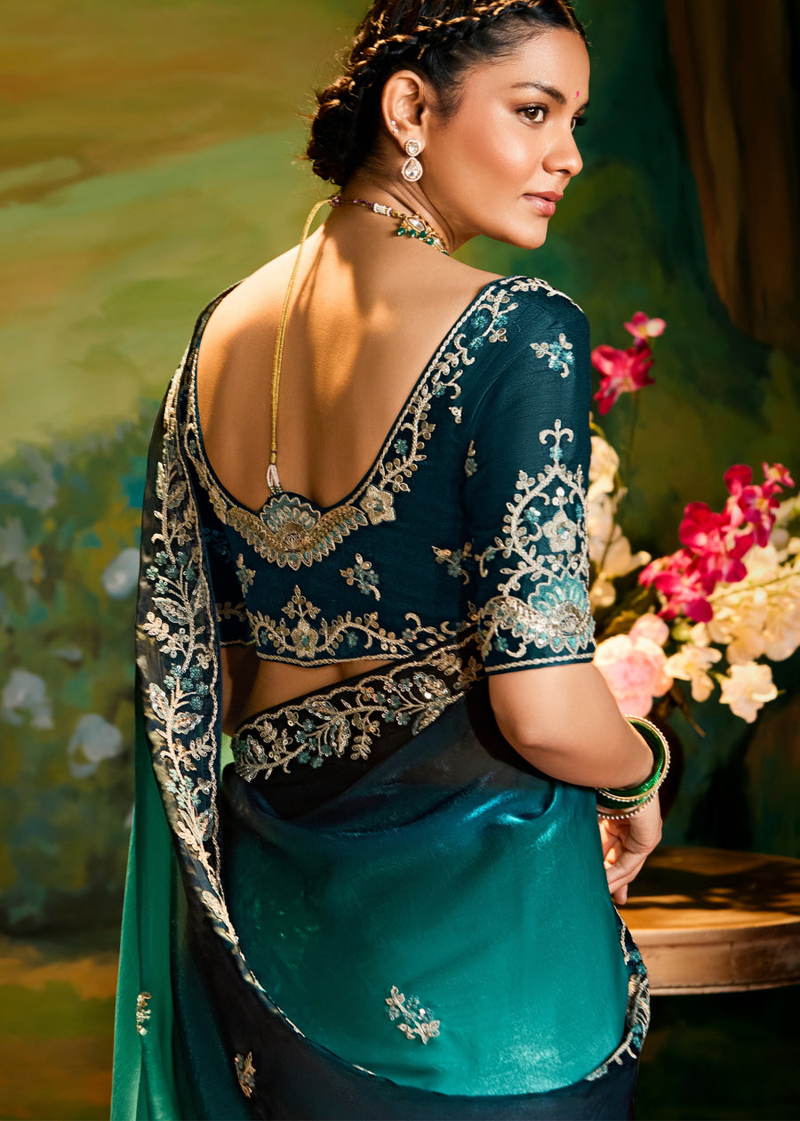 Satin Tissue Teal Blue Ombre Embroidered Saree & Contrast Blouse