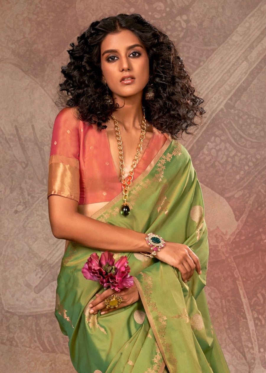 Soft Handloom Banarasi Silk Lawn Green Saree With Contrast Orange Blouse