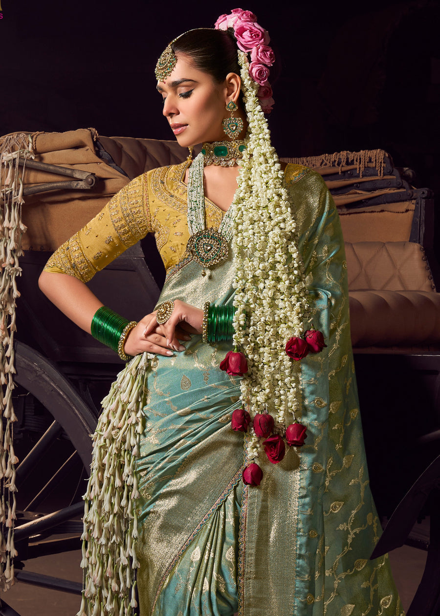 Banarasi Tissue Silk Sky Blue Handloom Saree & Contrast Yellow Embroidered Blouse