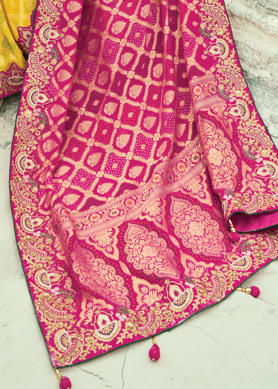 Yellow Pink Multicolor Ombre Khaddi Georgette Embroidered Bandhani Saree