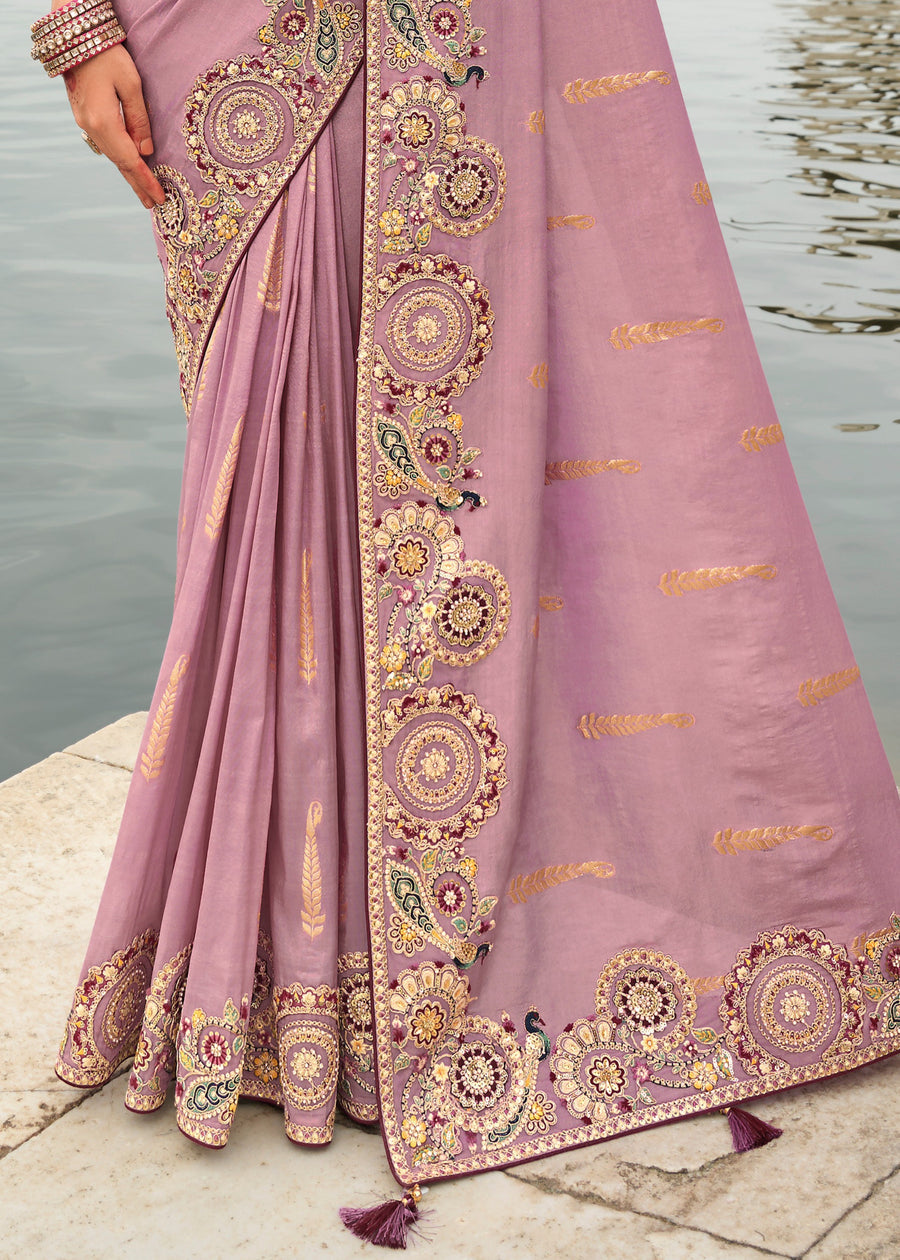 Banarasi Viscose Tissue Silk Purple Handloom Embroidered Saree With Cut Work Border
