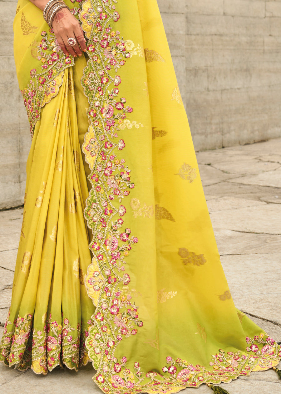 Banarasi Viscose Tissue Silk Yellow & Green Ombre Handloom Embroidered Saree With Cut Work Border