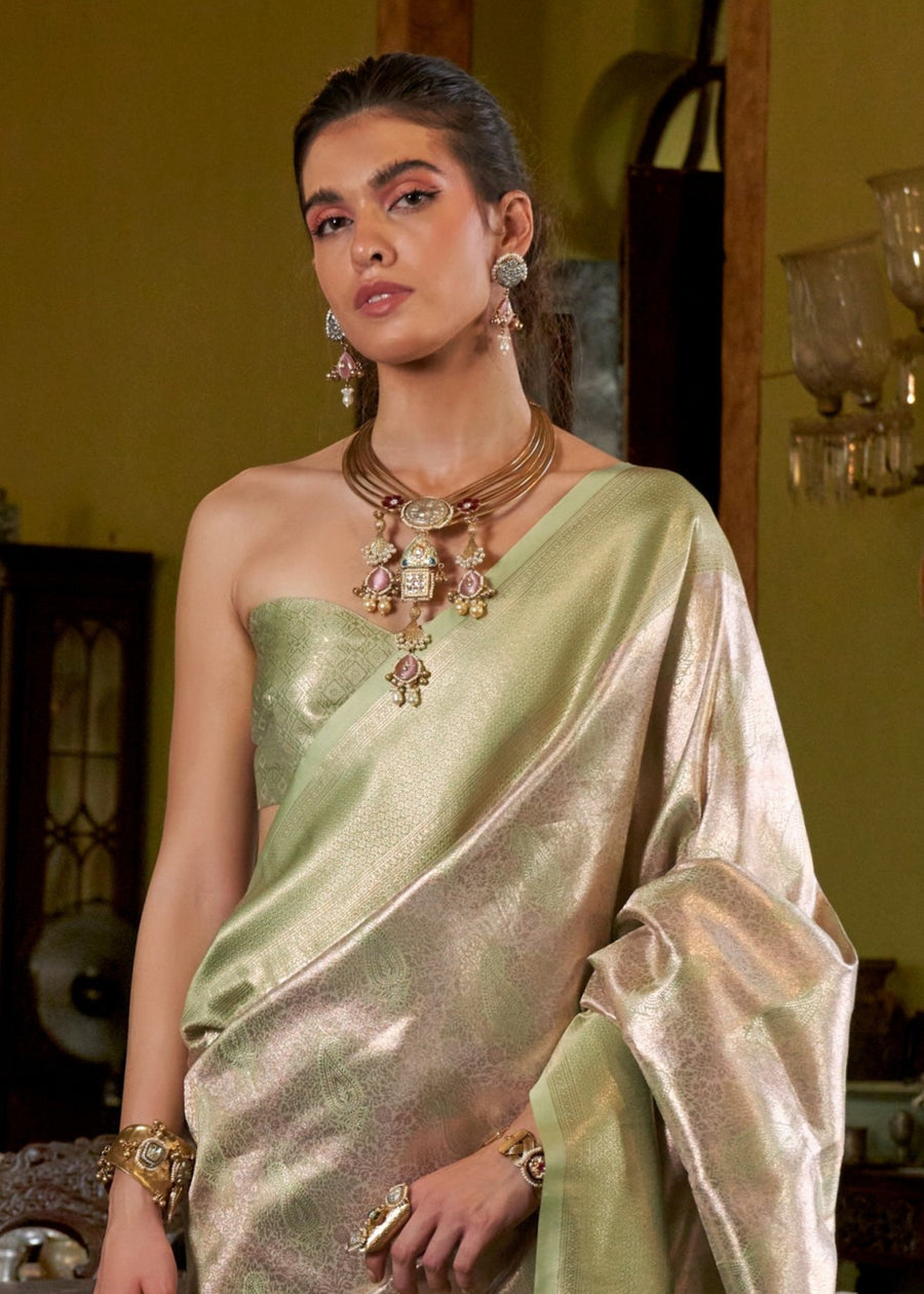Pista Green & Gold Zari Work Handloom Weaving Kanjivaram Silk Saree