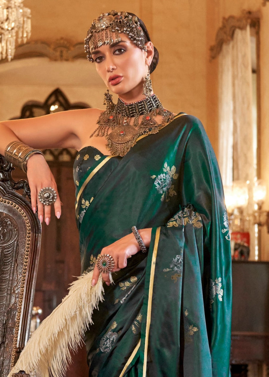 Pure Banarasi Satin Silk Dark Green Handloom Saree
