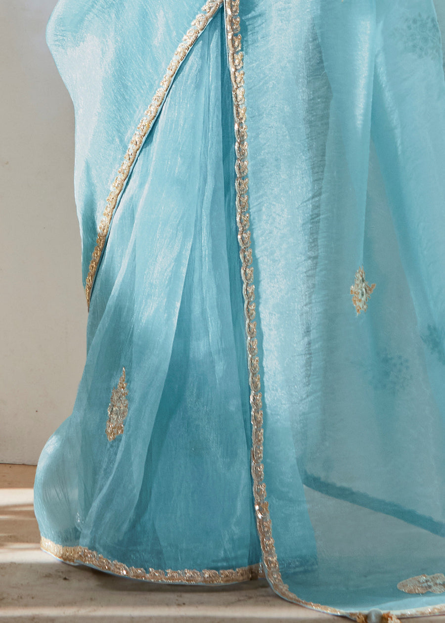 Pastel Blue Organza Tissue Silk Embroidered Saree & Pink Printed Blouse