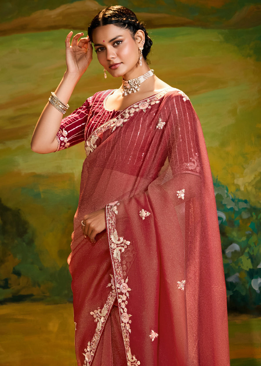 Satin Tissue Rust Brown Embroidered Saree & Contrast Red Blouse
