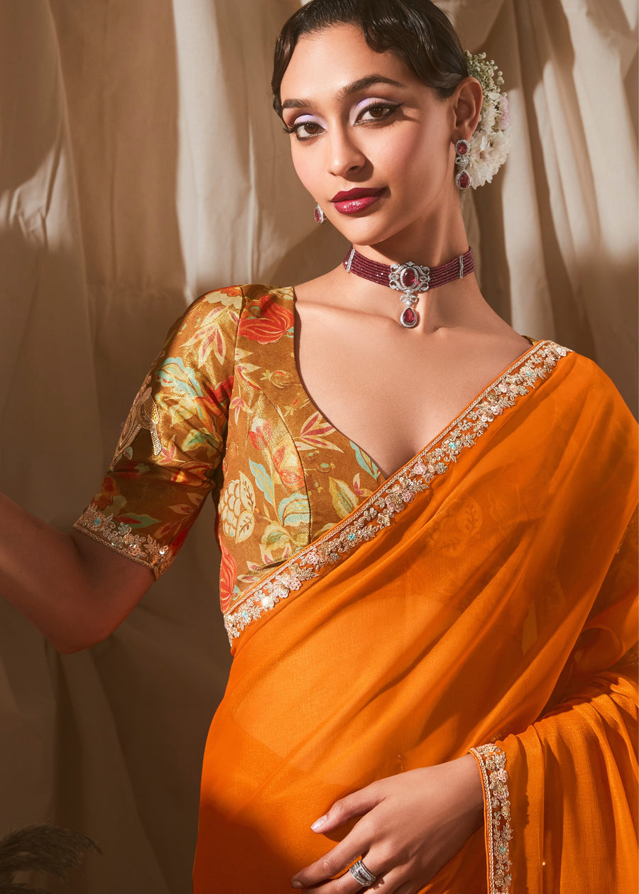 Orange Organza Tissue Silk Embroidered Saree & Printed Blouse