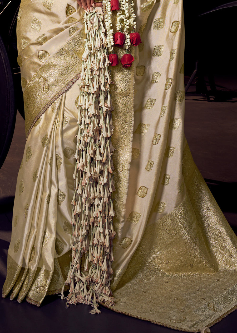Banarasi Tissue Silk Pearl White Handloom Saree & Contrast Brown Embroidered Blouse