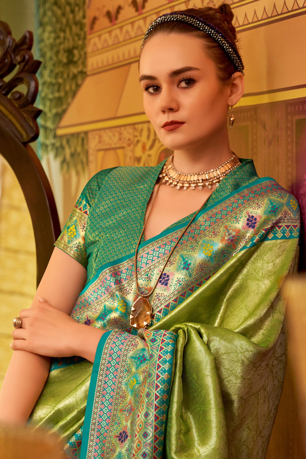Green Banarasi Tissue Silk Multicolor Weaving Border Saree