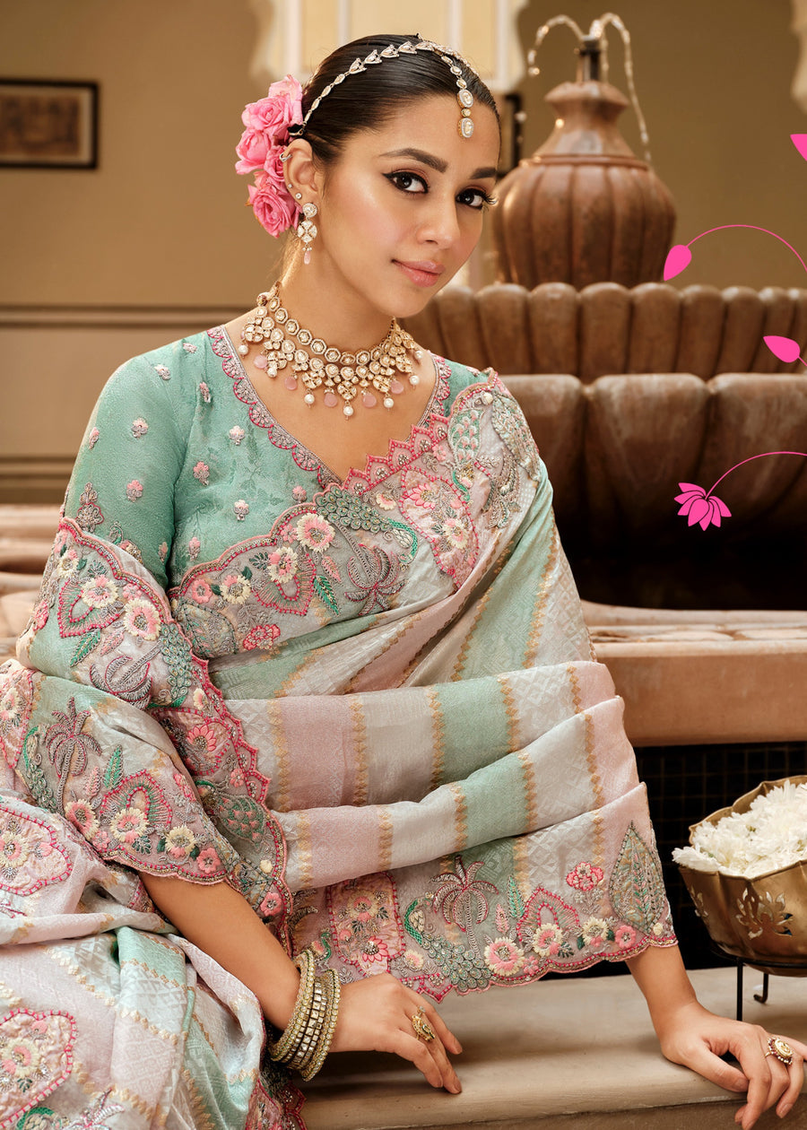 Pastel Green & Pink Soft Banarasi Silk Embroidered Saree