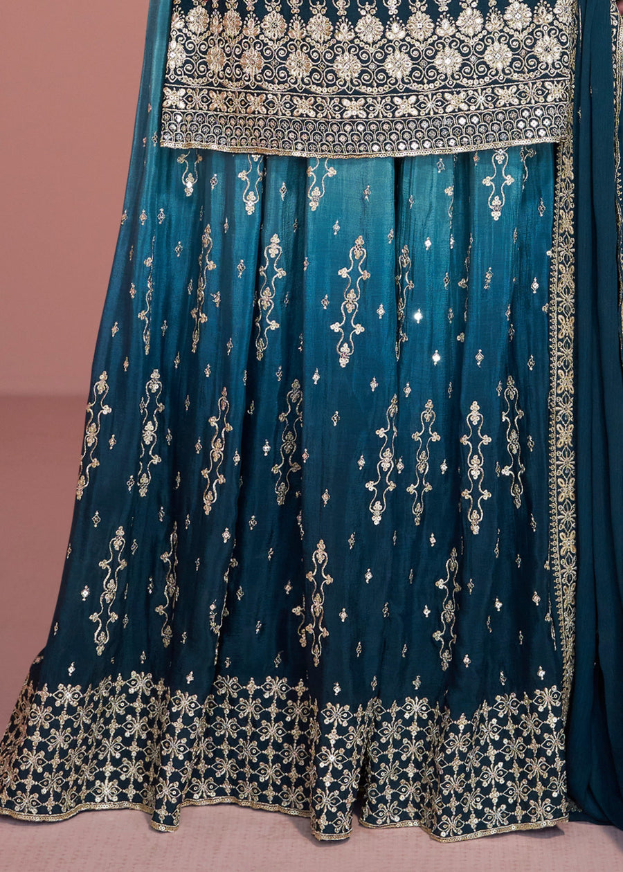 Peacock Blue Readymade Ombre Chinon Silk Sharara Suit Set
