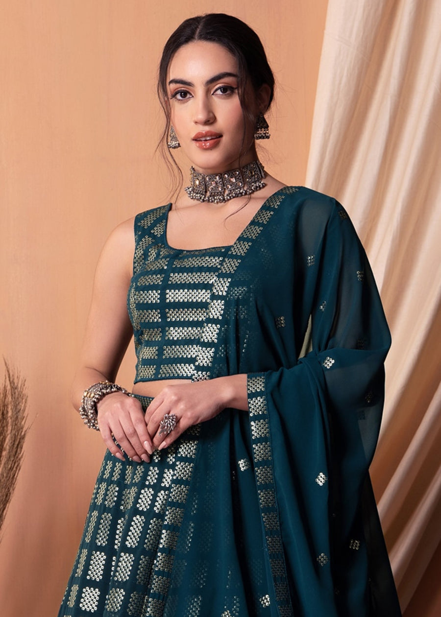 Teal Blue Sequins Work Georgette Bridesmaids Lehenga Choli