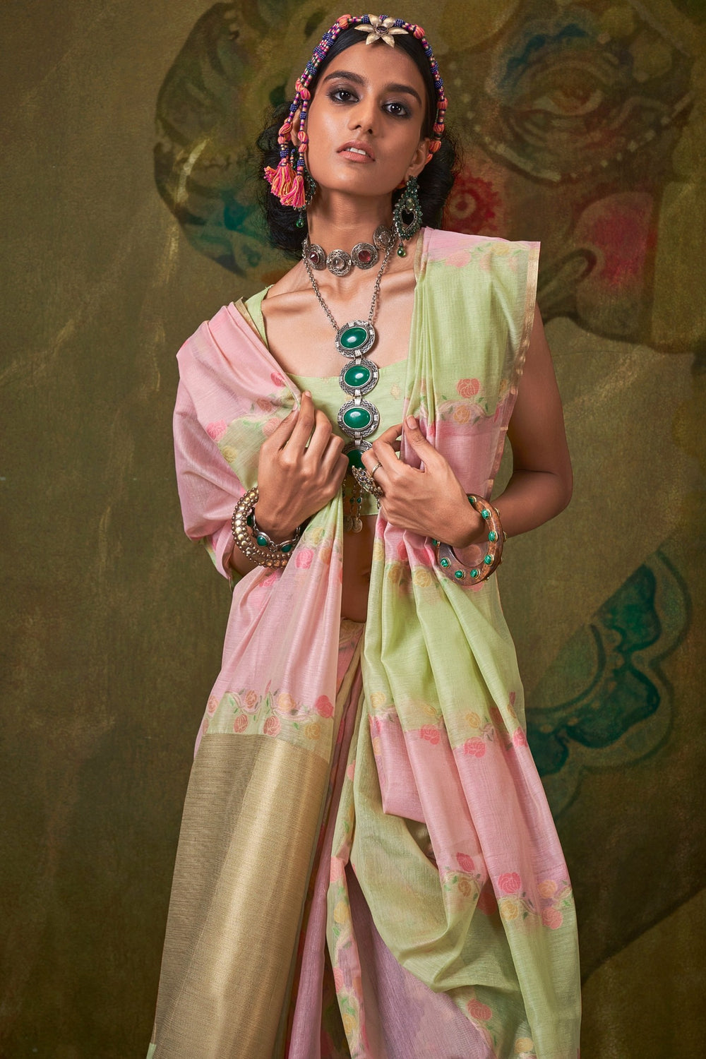 Pastel Pink and Green Handwoven Cotton Silk Saree
