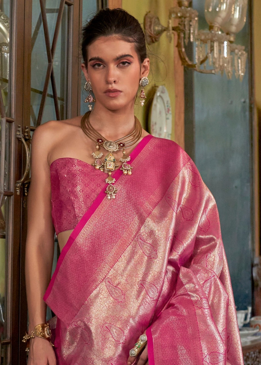 Fuchsia Pink Zari Work Handloom Weaving Kanjivaram Silk Saree