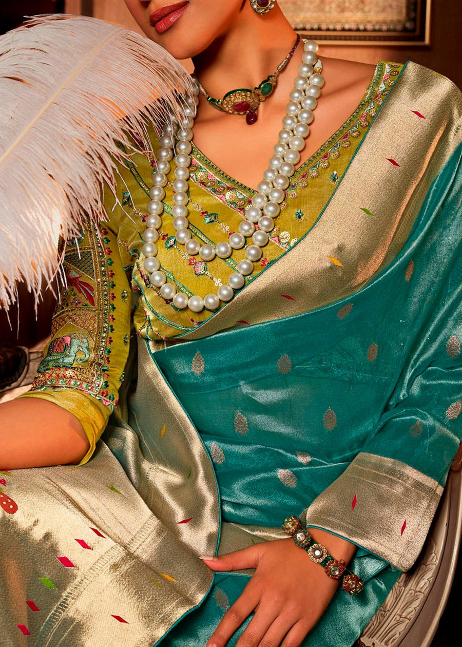 Paithani Tissue Silk Light Blue Handloom Saree & Contrast Lime Yellow Embroidered Blouse