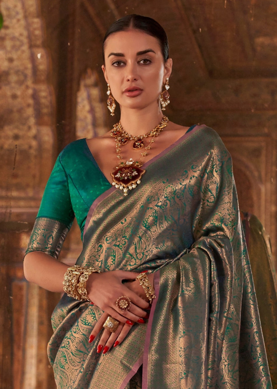Pure Handloom Weaving Soft Banarasi Silk Dark Green Saree