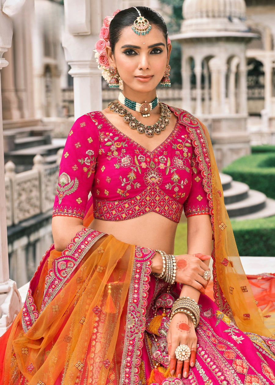 Hot Pink Embroidered Silk Bridal Lehenga Choli