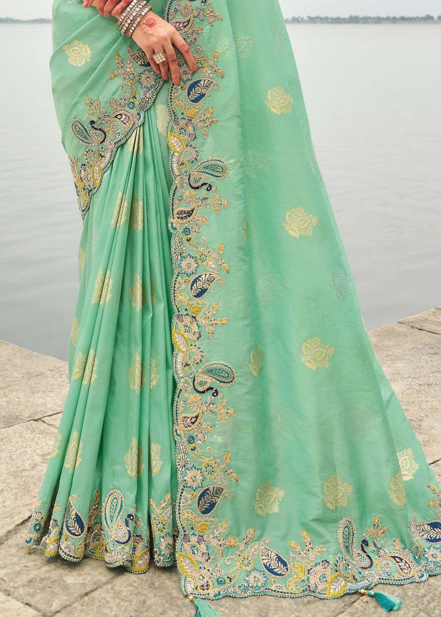 Banarasi Viscose Tissue Silk Mint Green Handloom Embroidered Saree With Cut Work Border