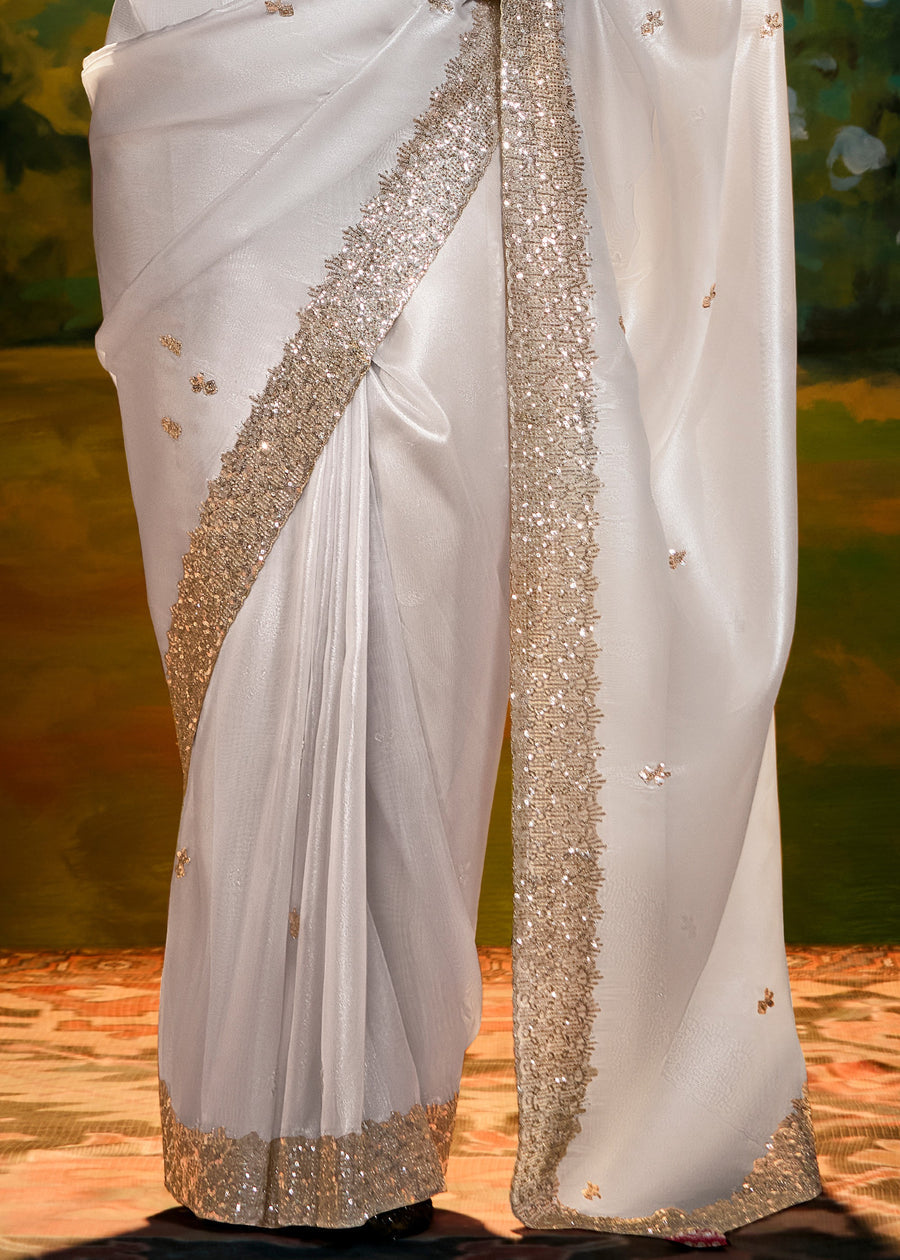 Organza Tissue White Sequins Embroidered Saree & Pinkish Red Blouse