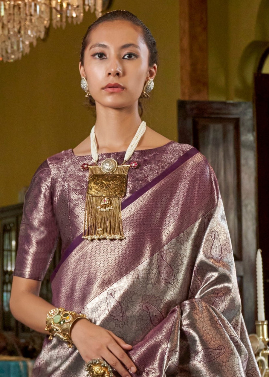 Silver & Wine Violet Zari Work Handloom Weaving Kanjivaram Silk Saree