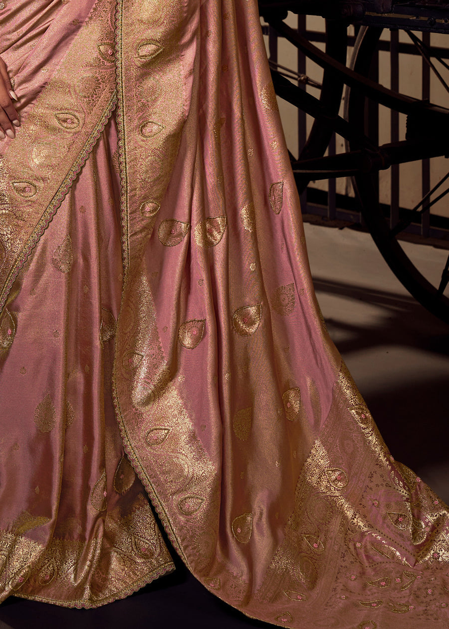 Banarasi Tissue Silk Pastel Pink Handloom Saree & Contrast Green Embroidered Blouse