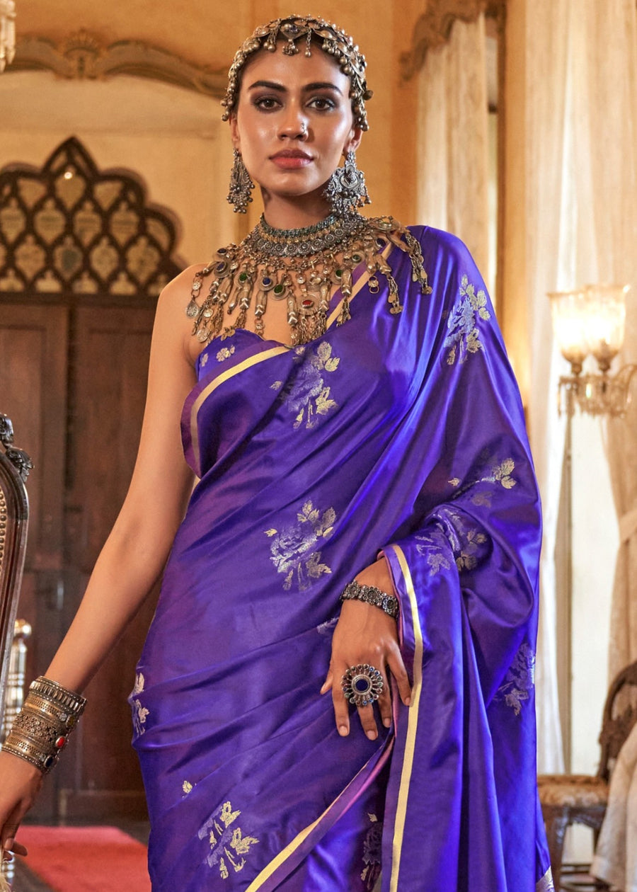 Pure Banarasi Satin Silk Violet Purple Handloom Saree