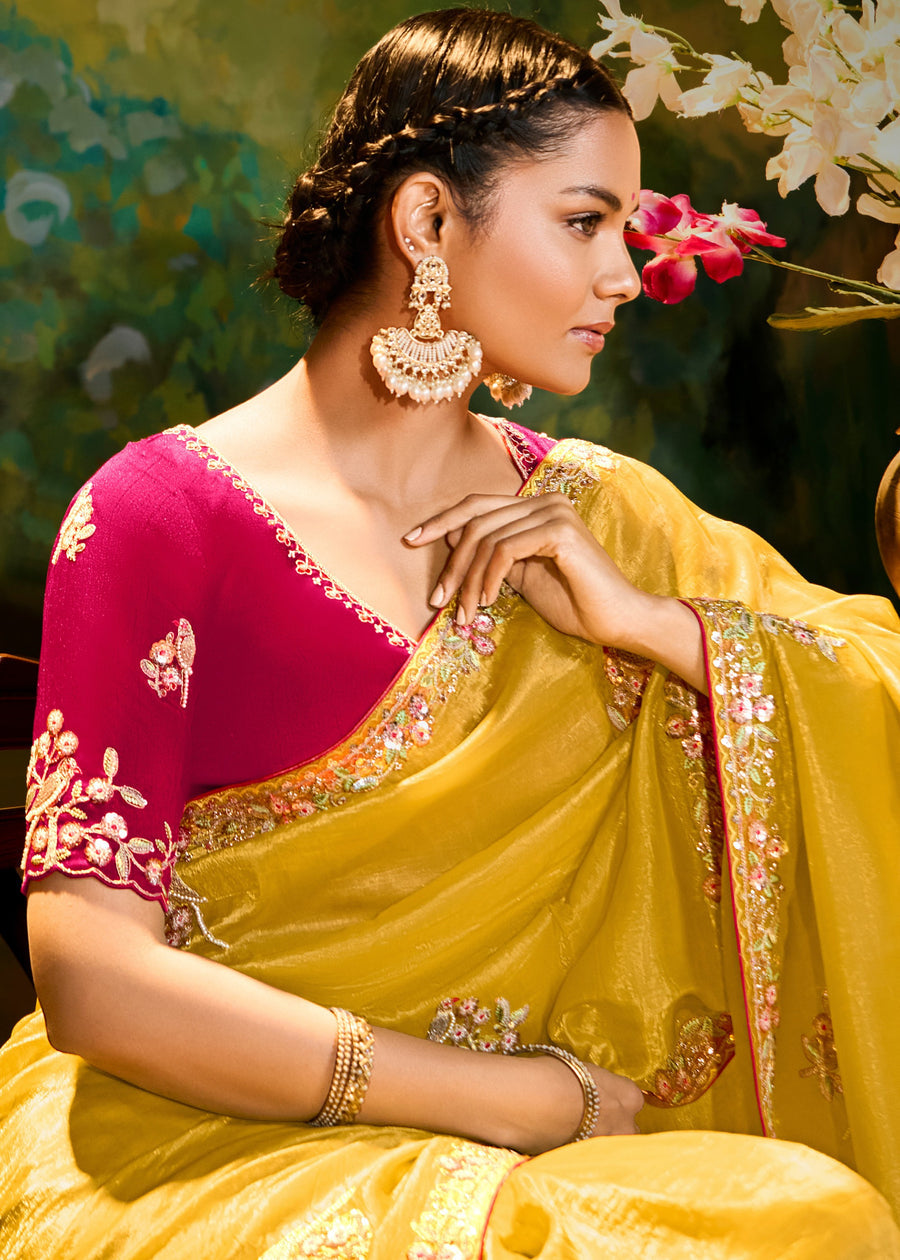 Crushed Satin Tissue Yellow Embroidered Saree & Red Blouse