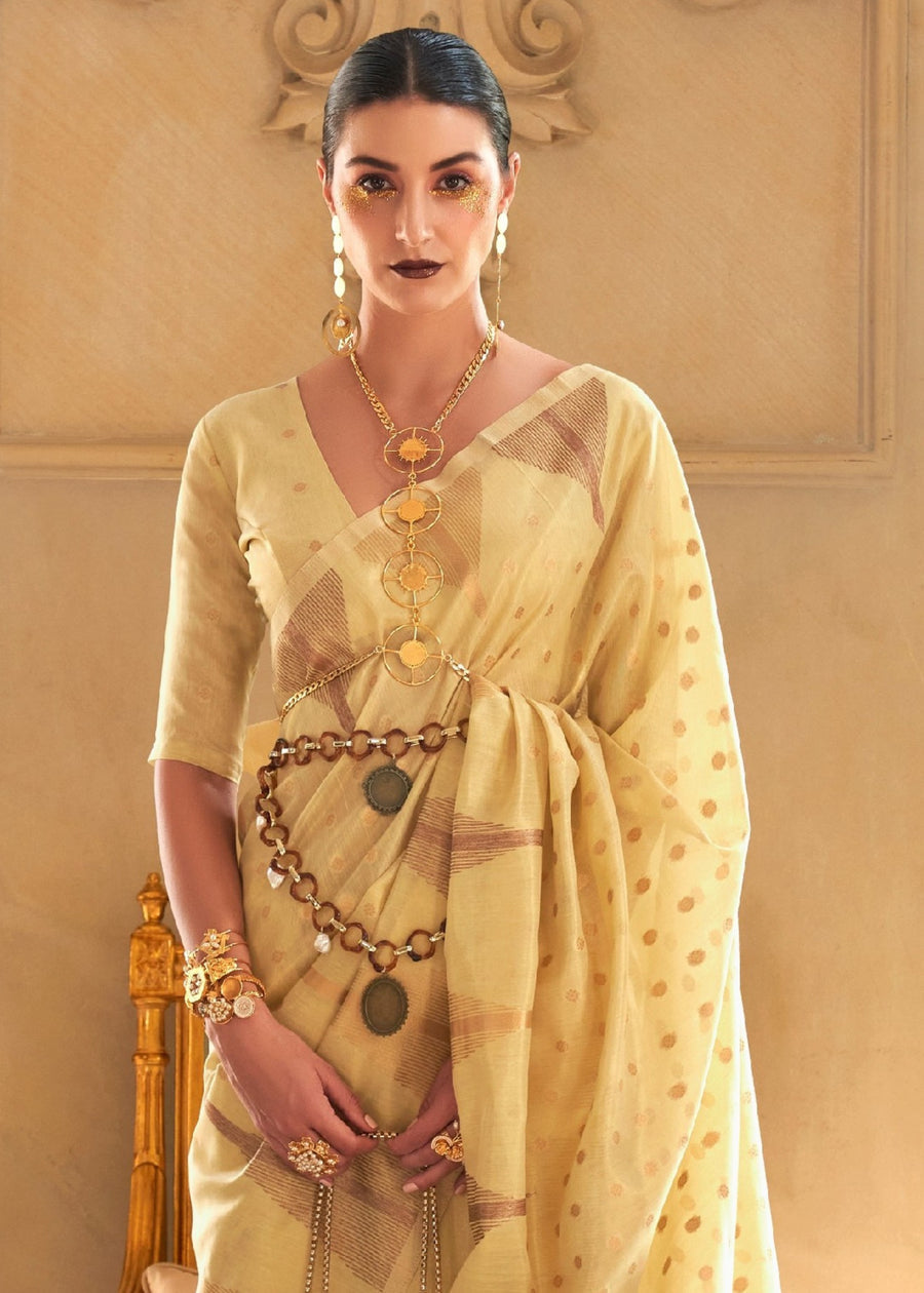 Kanjivaram Tissue Silk Pastel Yellow Handloom Weaving Saree