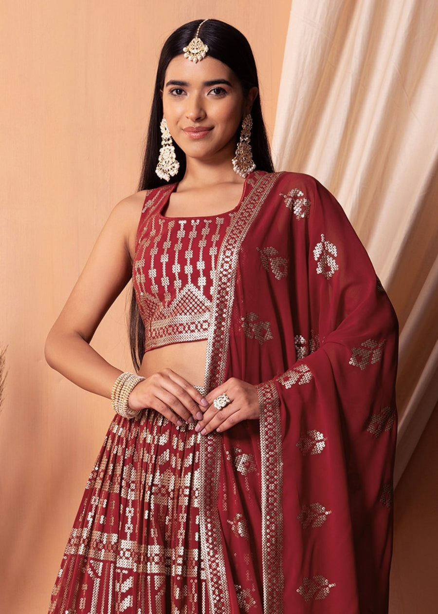 Maroon Red Sequins Work Georgette Bridesmaids Lehenga Choli