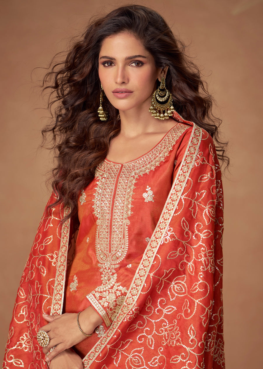 Orange Readymade Silk Suit Set With Dupatta