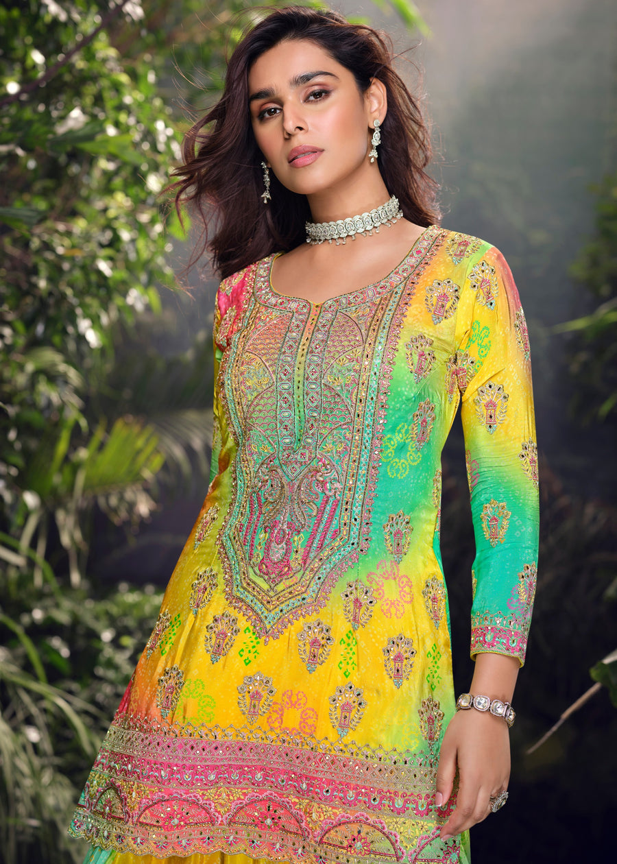 Yellow Multicolor Readymade Chinon Silk Palazzo Suit Set