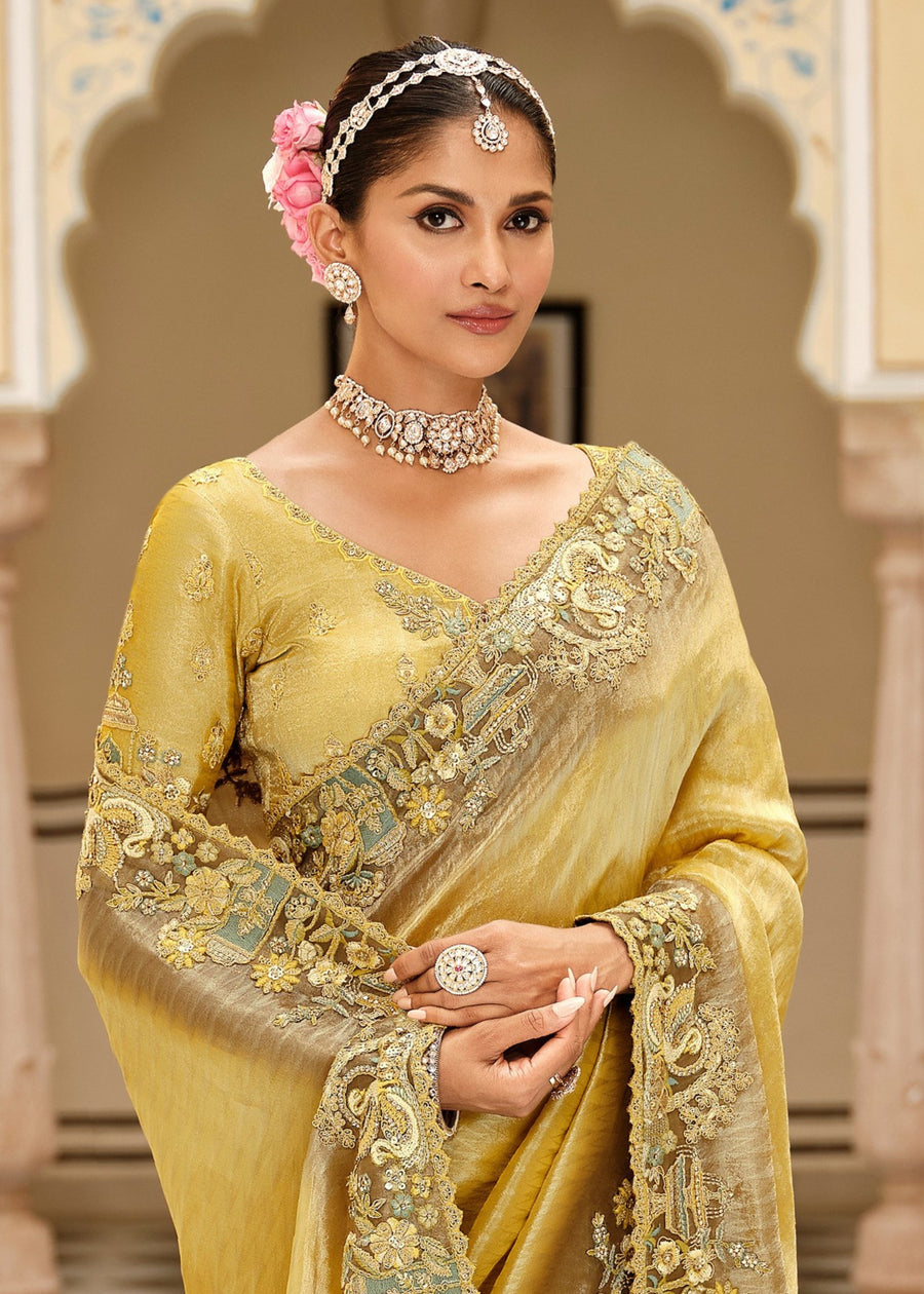 Yellow Soft Banarasi Silk Embroidered Saree