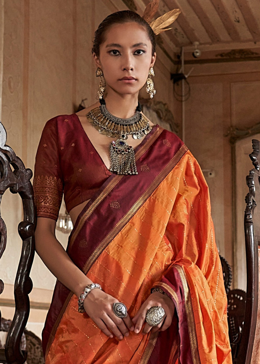 Pure Banarasi Tussar Silk Orange Handloom Saree