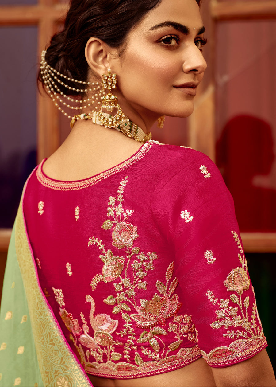 Dola Banarasi Silk Pista Green Saree With Contrast Red Embroidered Blouse