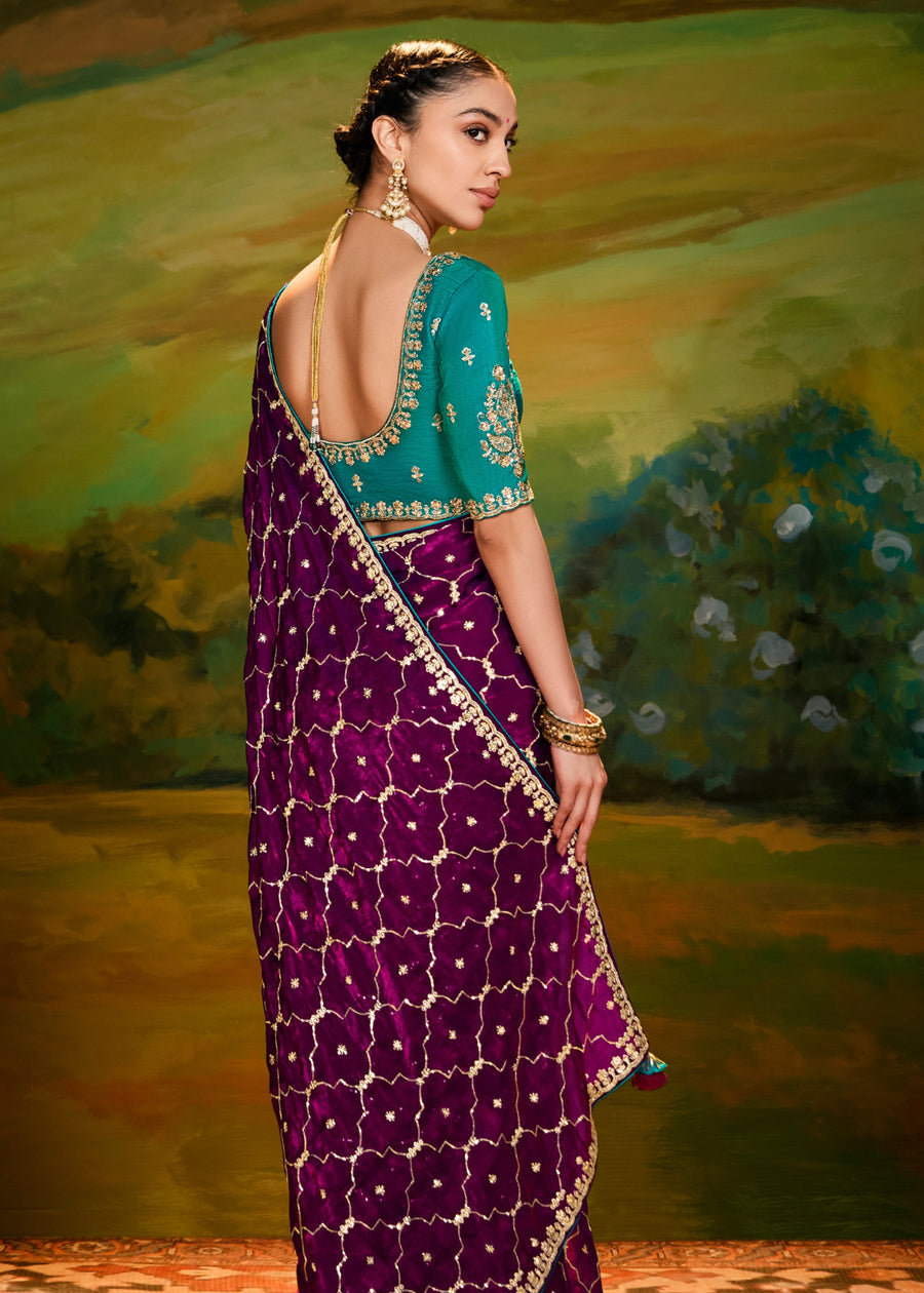 Satin Tissue Magenta Pink Embroidered Saree & Jade Green Blouse