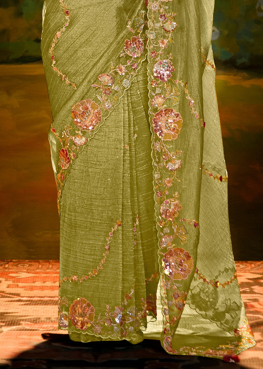 Crushed Satin Tissue Olive Green Embroidered Saree & Pink Banarasi Blouse