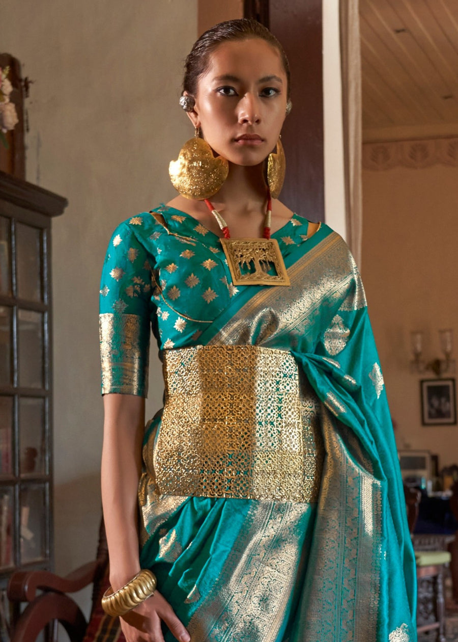 Soft Banarasi Silk Sapphire Blue Handloom Weaving Saree