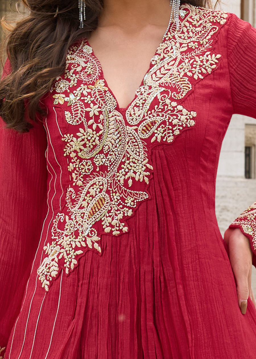 Red Anarkali Style Chinon Silk Gown Suit With Dupatta