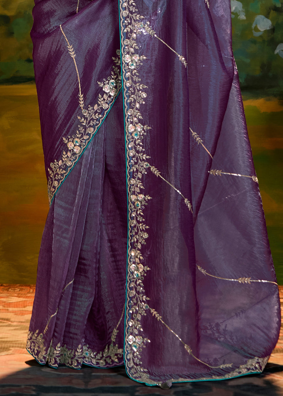 Crushed Satin Tissue Purple Embroidered Saree & Contrast Green Blouse
