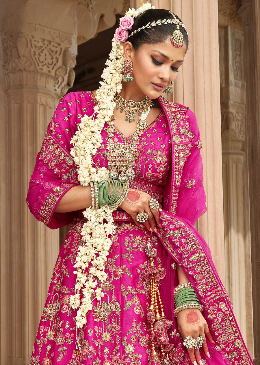 Fuchsia Pink Silk Bridal Lehenga Choli with Zari Work