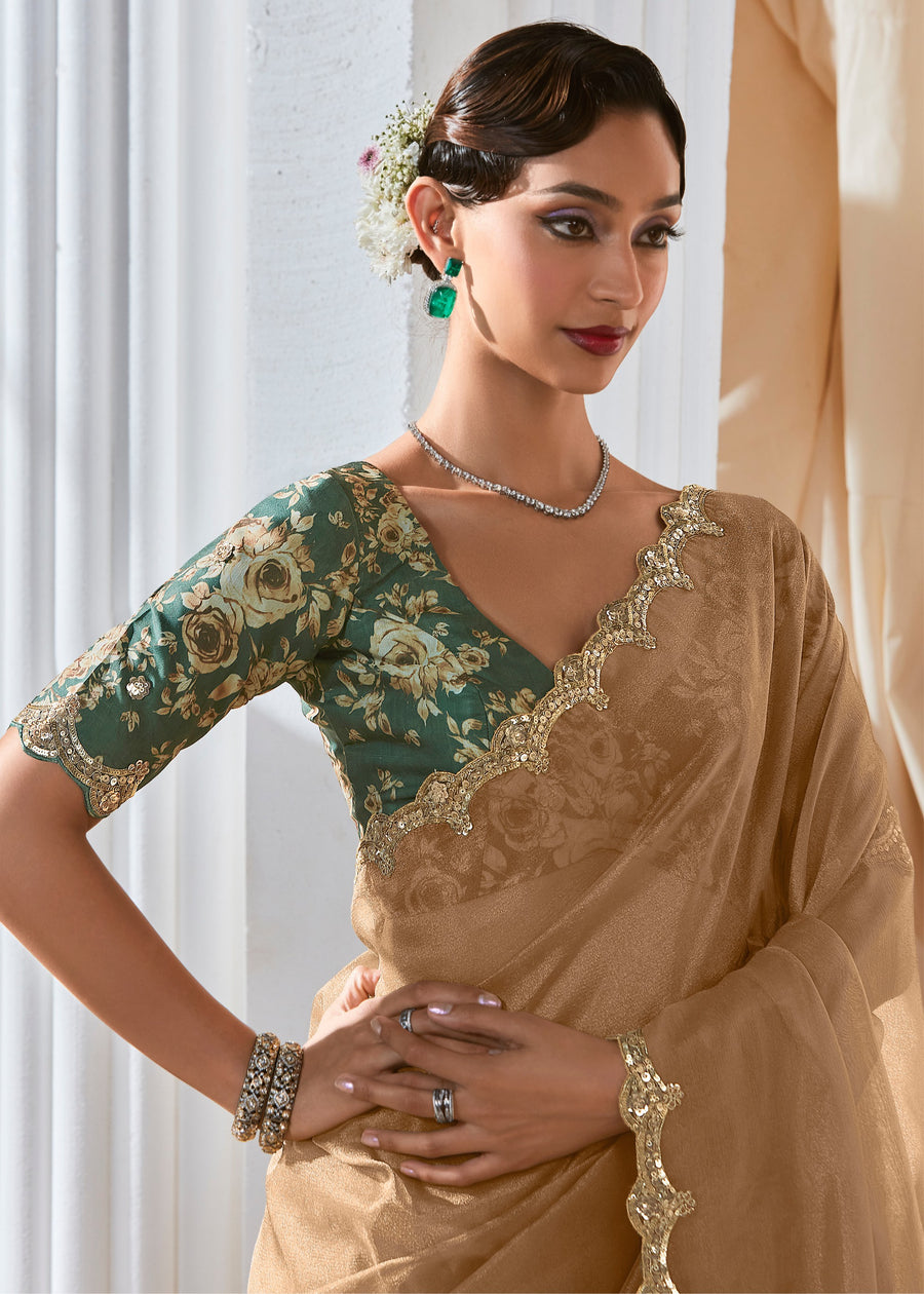 Beige Organza Tissue Silk Embroidered Saree & Green Printed Blouse