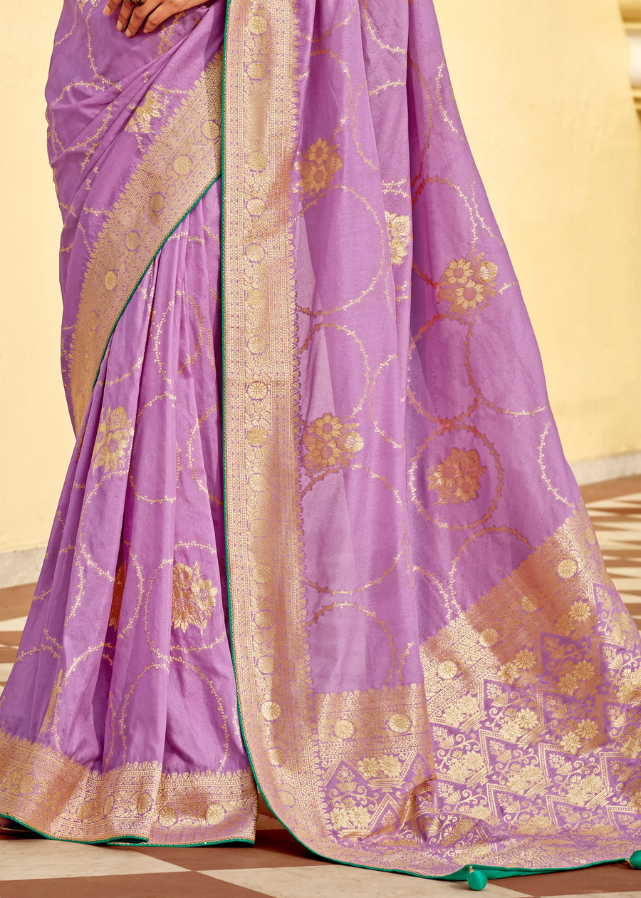 Dola Banarasi Silk Purple Saree With Contrast Green Embroidered Blouse