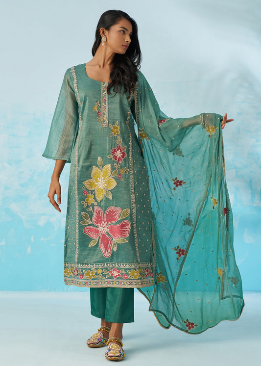 Sage Green Crushed Tissue Silk Ethnic Pant Style Suit With Dupatta