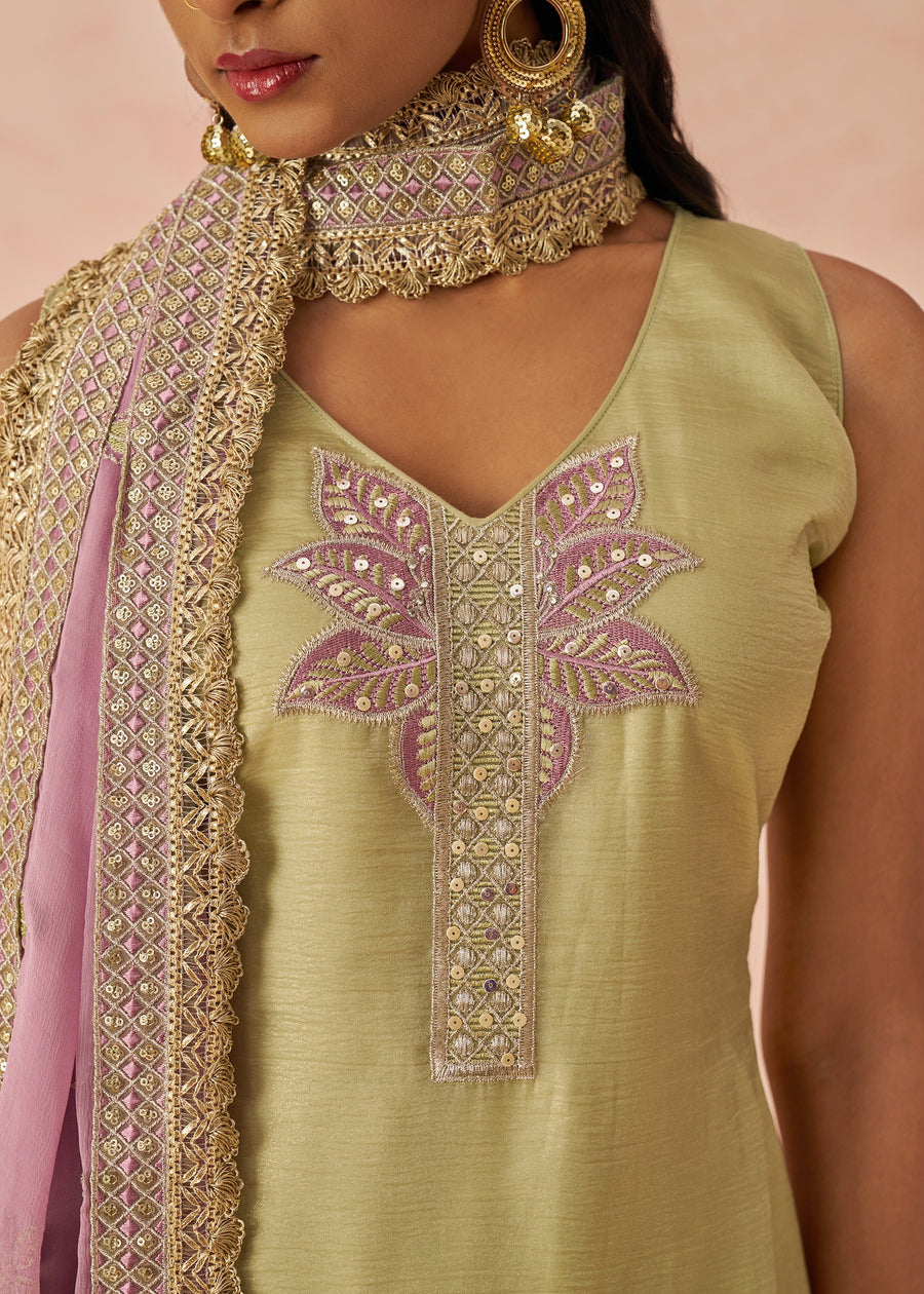 Green Readymade Crushed Silk Pant Style Suit Set