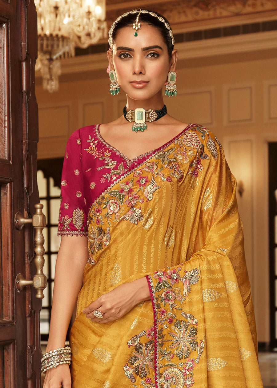 Mustard Yellow Soft Banarasi Silk Embroidered Saree & Contrast Red Blouse